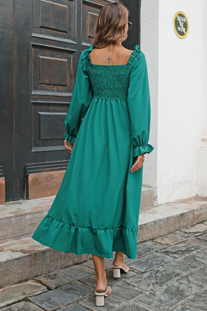 Smocked Ruffle Hem Flounce Sleeve Dress