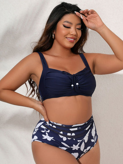 Plus Size Printed Gathered Detail Bikini Set