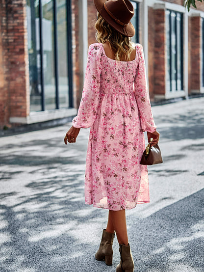 Floral Square Neck Smocked Balloon Sleeve Dress