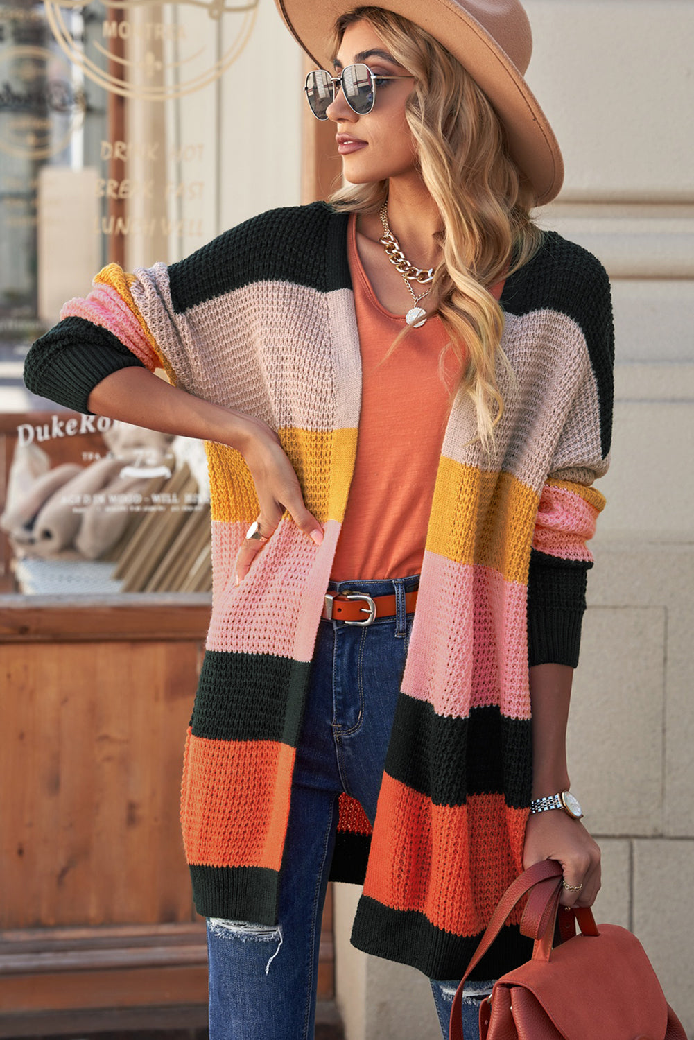 Striped Waffle Knit Open Front Cardigan