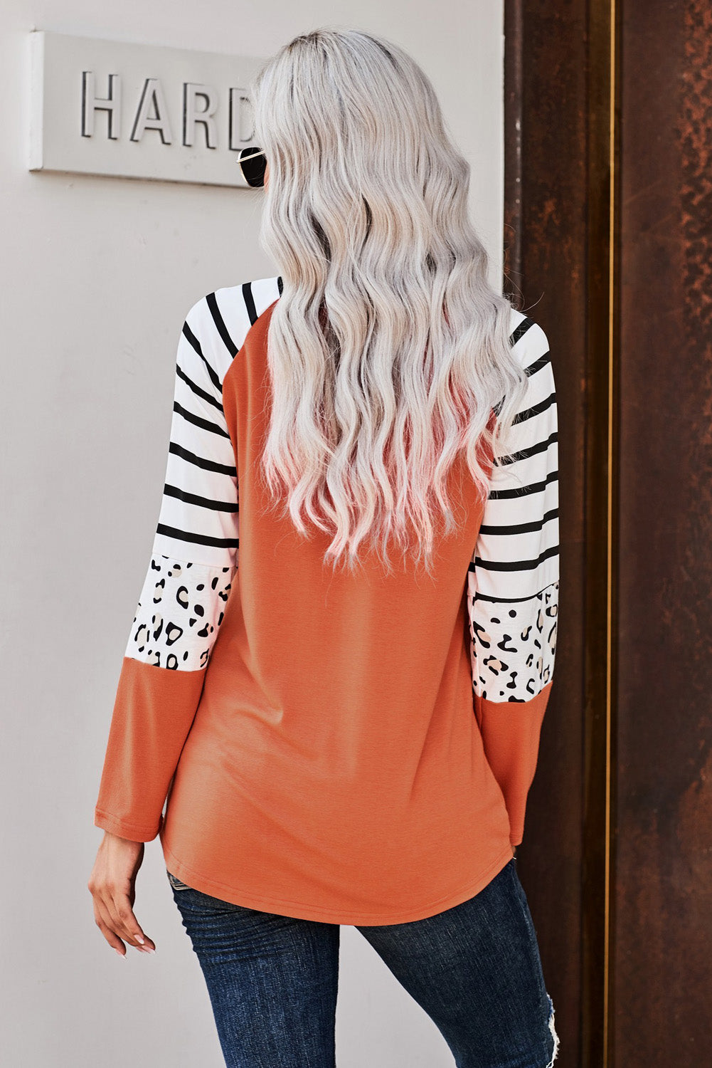 Leopard Panel Striped Raglan Sleeve Top