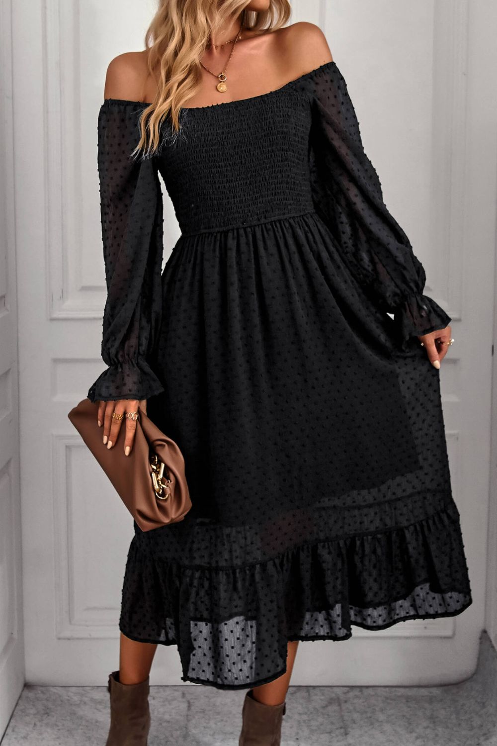 Swiss Dot Smocked Ruffle Hem Flounce Sleeve Dress