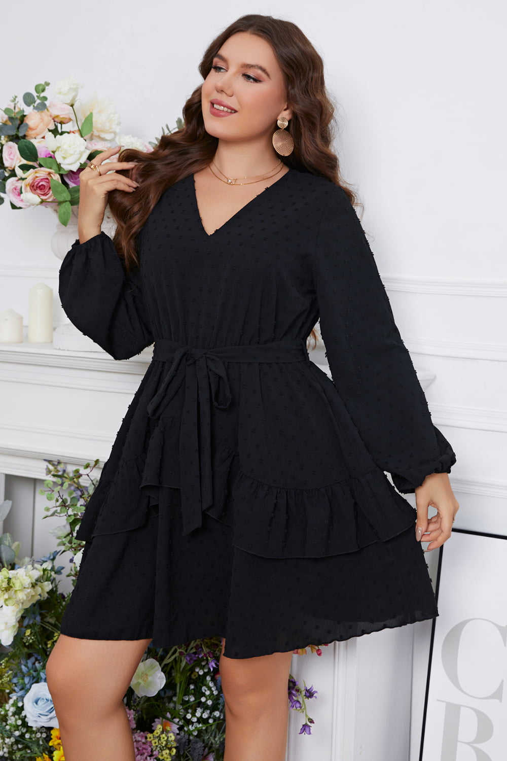 Plus Size Swiss Dot Tie Waist V-Neck Dress