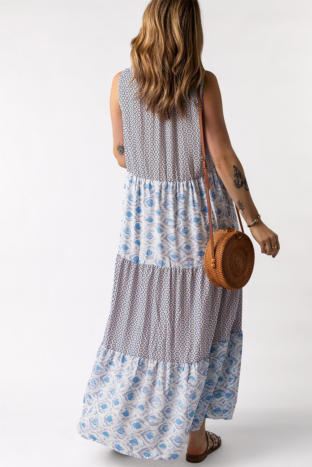 Mixed Print Tie-Neck Sleeveless Maxi Dress