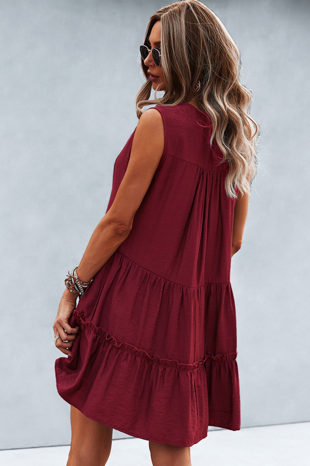 Frill Trim Notched Sleeveless Tiered Dress