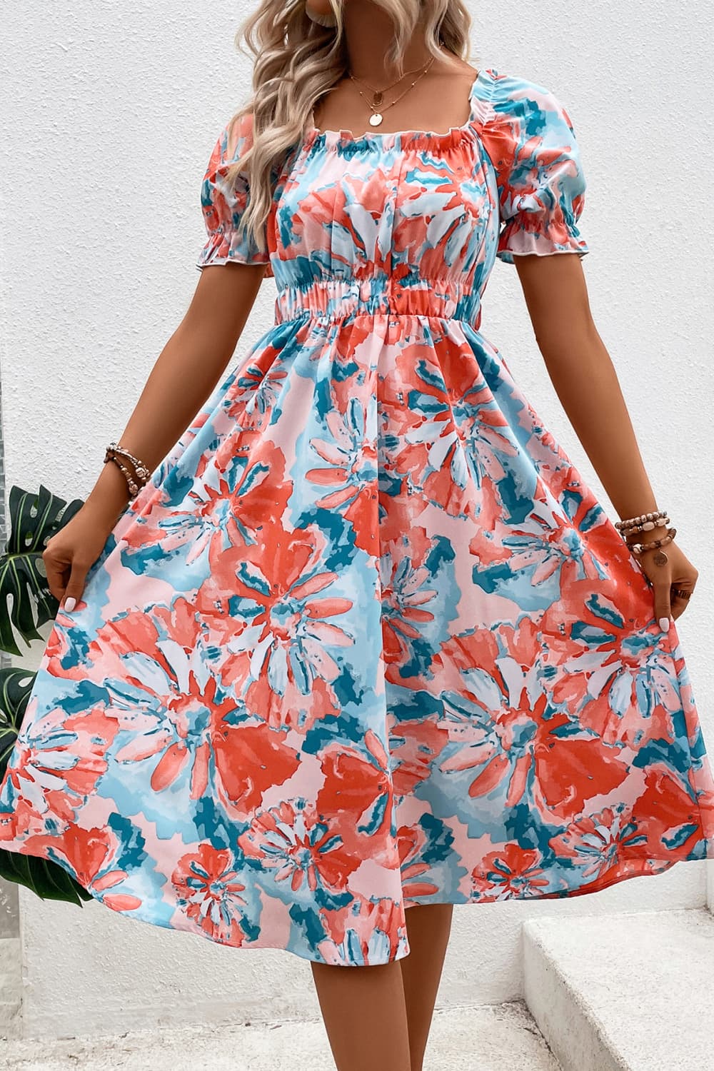 Floral Frill Trim Square Neck Dress