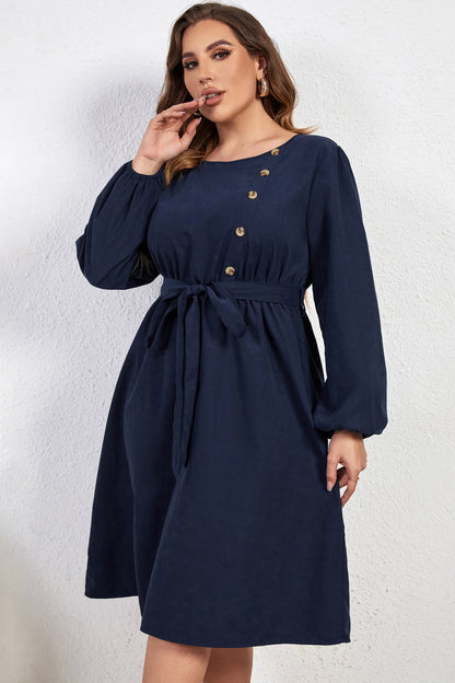 Plus Size Buttoned Tie Belt Round Neck Long Sleeve Dress