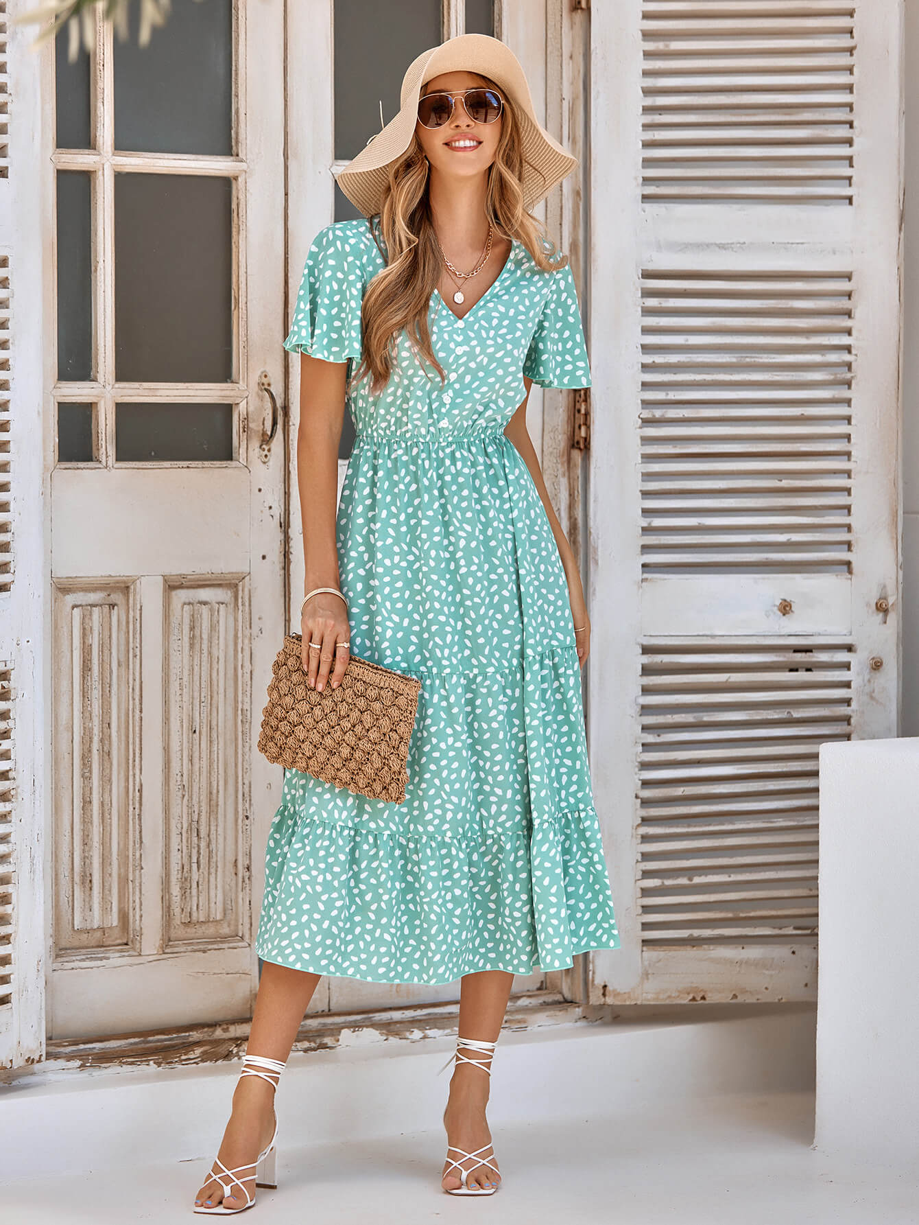 Printed Flutter Sleeve Tiered Dress