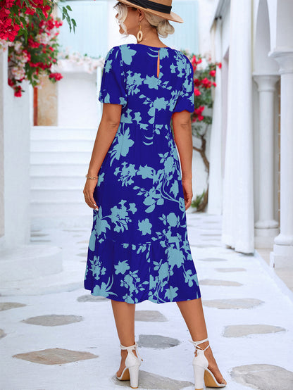 Floral Puff Sleeve Ruffle Hem Midi Dress