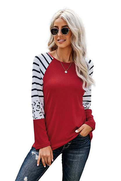 Leopard Panel Striped Raglan Sleeve Top