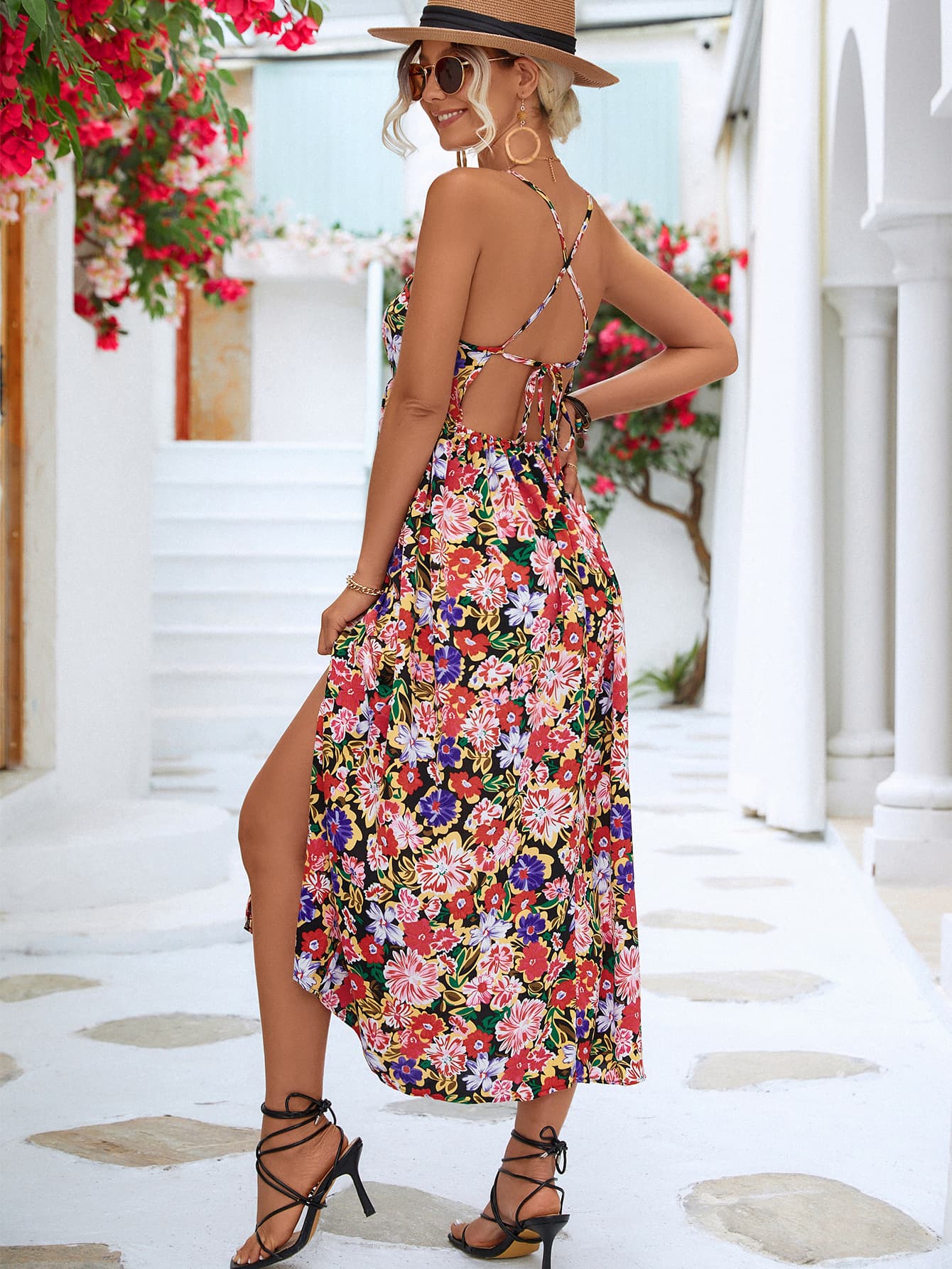 Floral Crisscross Backless Split Dress