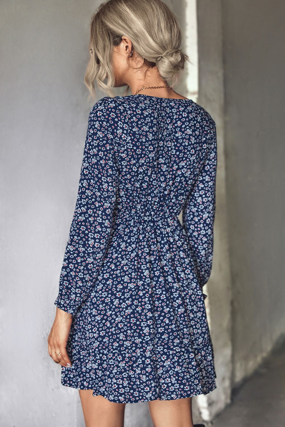 Ditsy Floral V-Neck Flounce Sleeve Dress