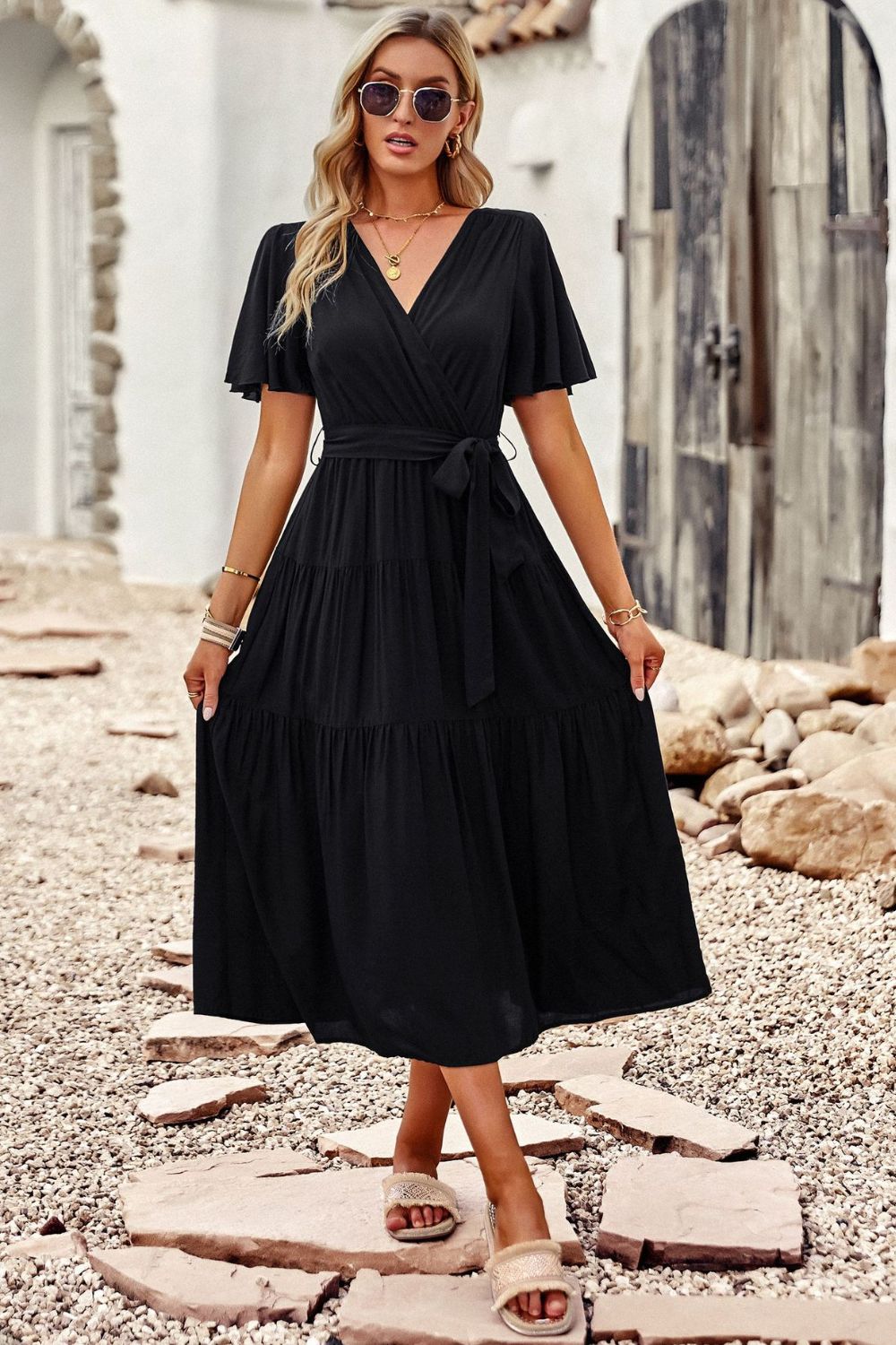 Belted Flutter Sleeve Tiered Surplice Dress