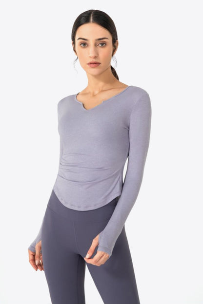 Thumbhole Long Sleeve Pleated Detail Notched Sports Top