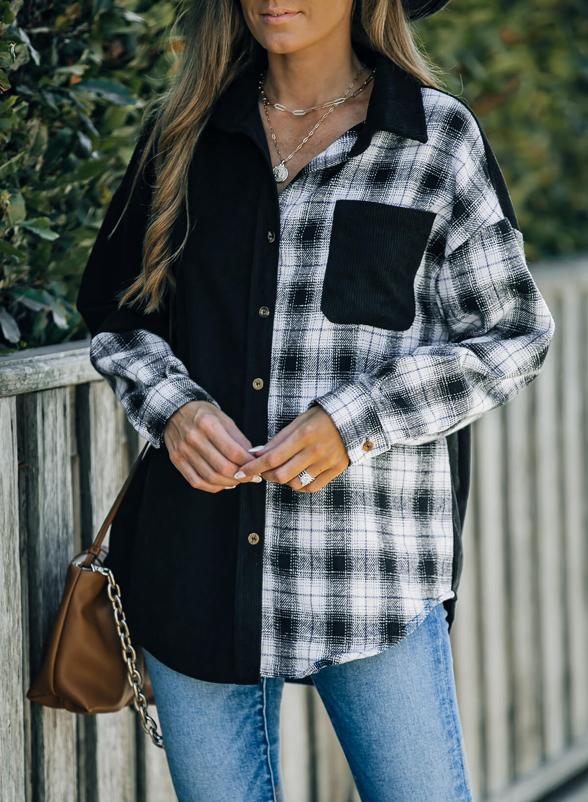 Plaid Color Block Dropped Shoulder Corduroy Shacket