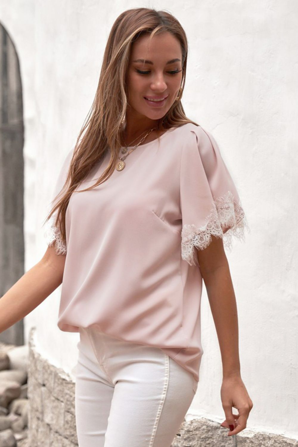 Satin Lace Flutter Sleeve Top