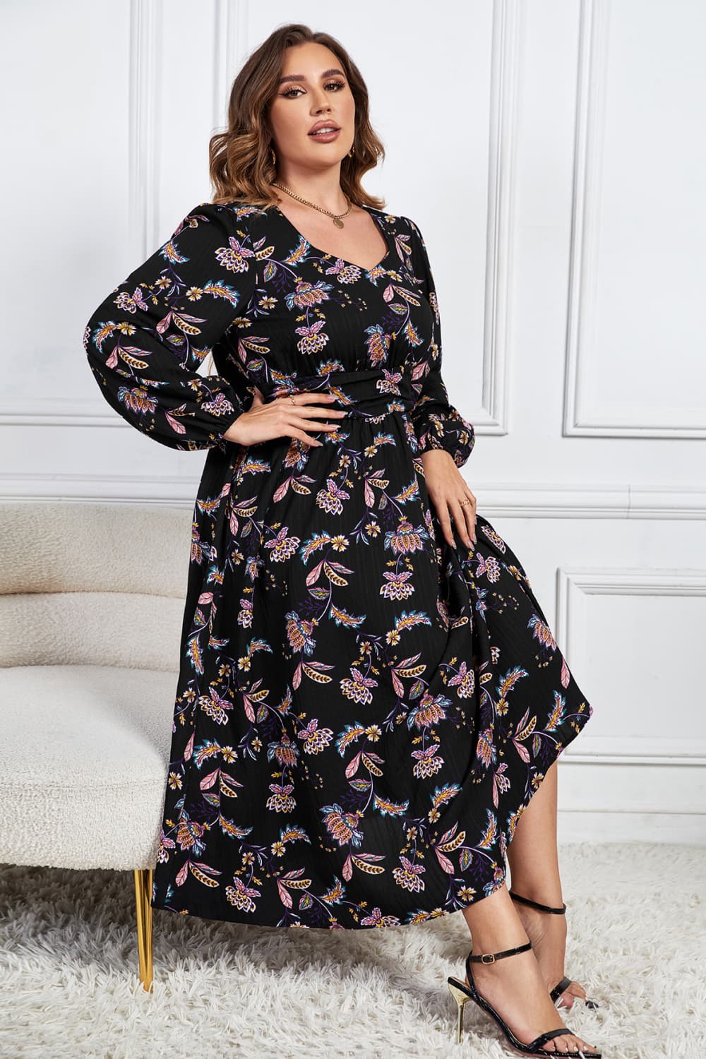 Plus Size Floral Print Long Sleeve Midi Dress