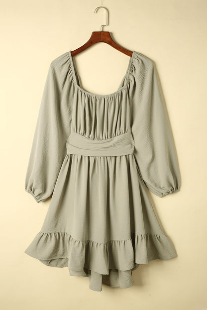 Cutout Smocked Square Neck Ruffle Hem Dress