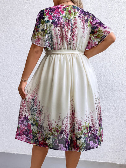 Plus Size Floral Tie Waist Surplice Neck Dress