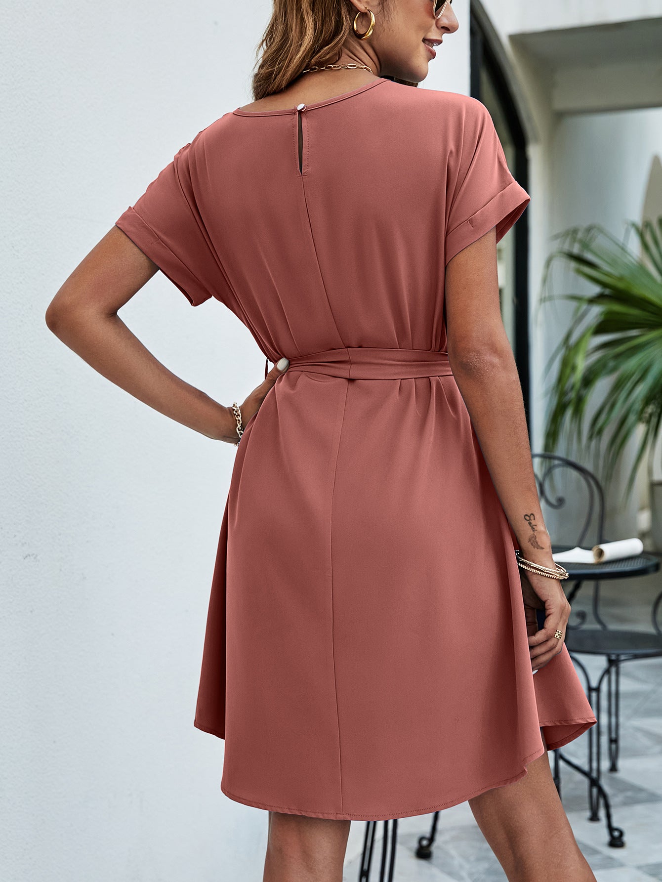 Belted Round Neck Curved Hem Dress