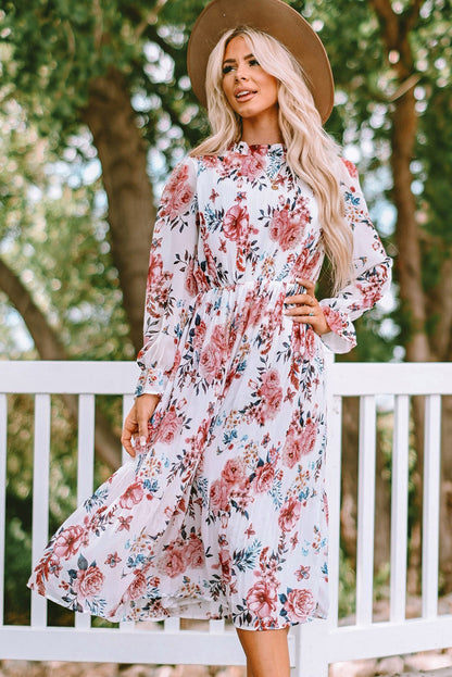 Floral Mock Neck Flounce Sleeve Midi Dress