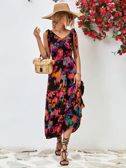 Multicolored V-Neck Backless Midi Dress