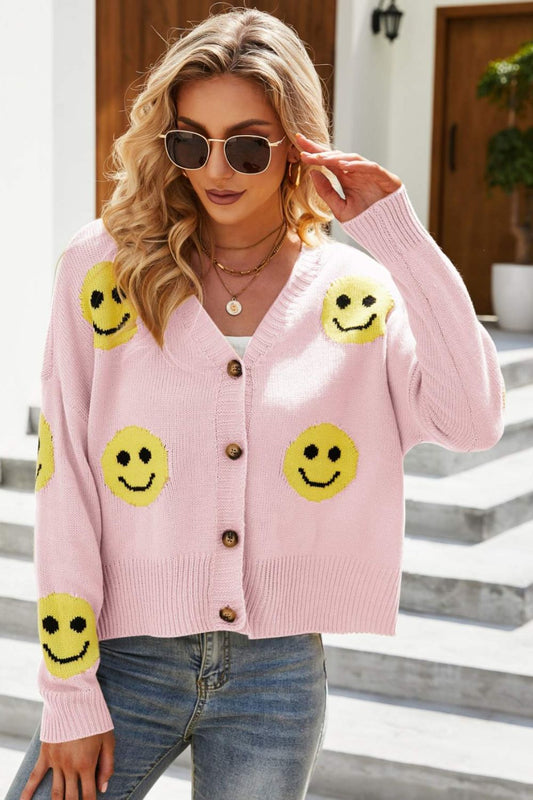 Smiley Face Ribbed Trim V-Neck Cardigan