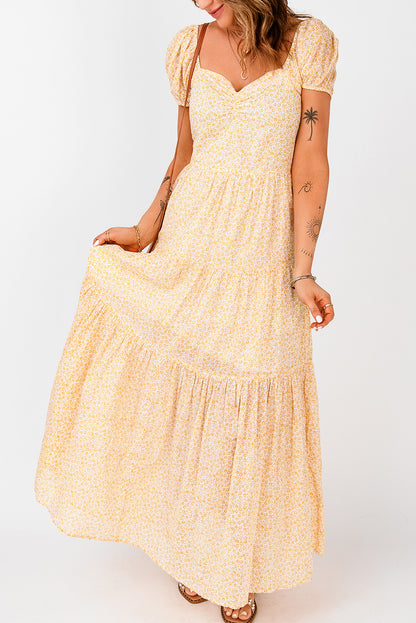 Printed Puff Sleeve Tiered Maxi Dress
