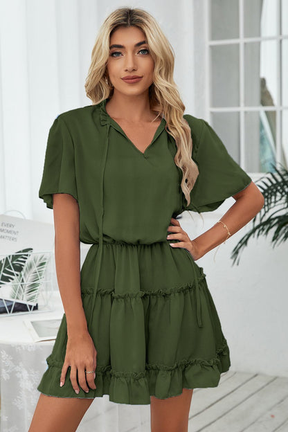 Tie Neck Frill Trim Short Sleeve Mini Dress