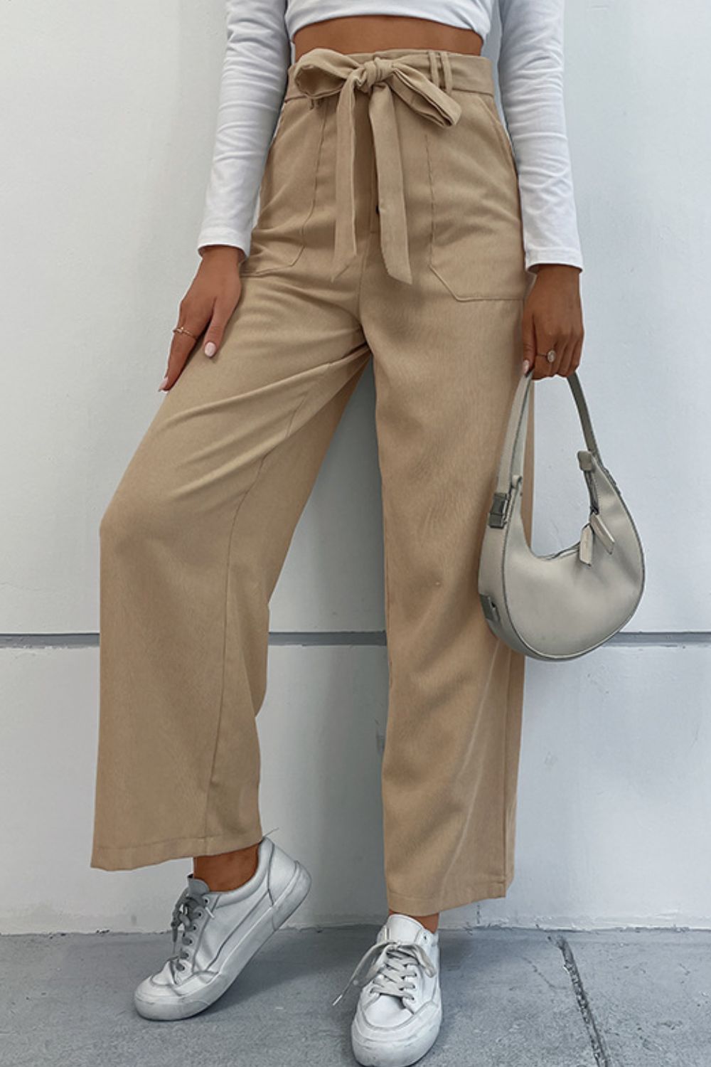 Button Fly Belted Wide Leg Pants with Pockets