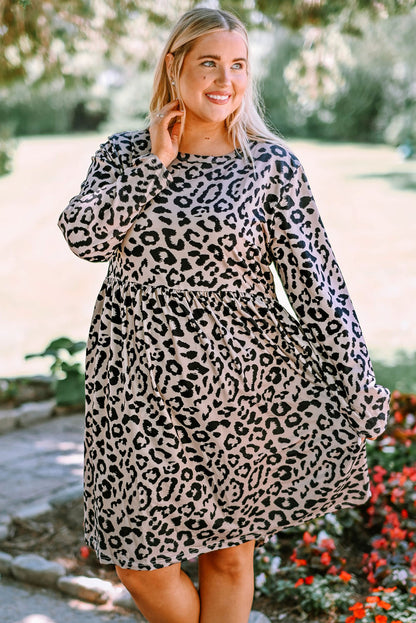 Plus Size Leopard Round Neck Flounce Dress