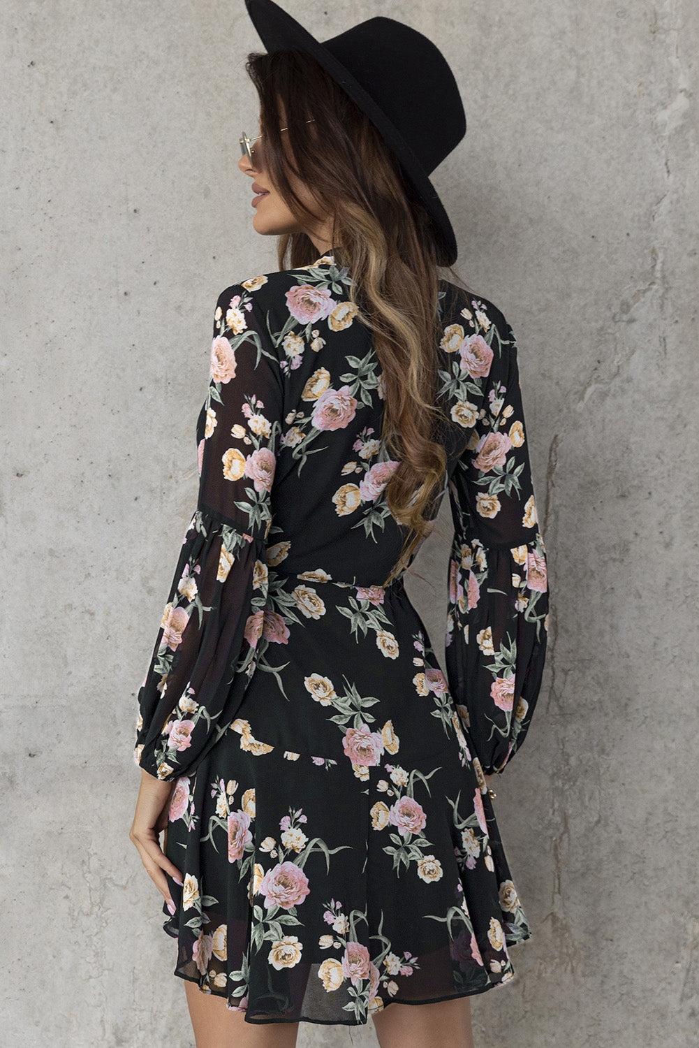 Floral Buttoned Puff Sleeve Tiered Dress