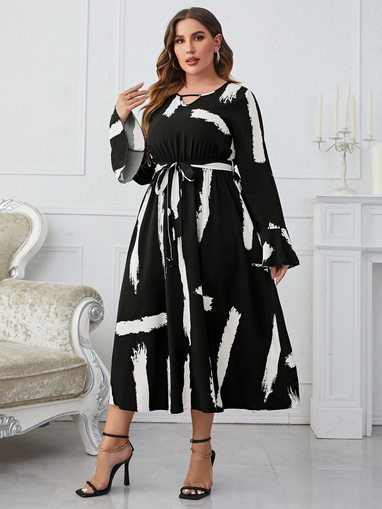 Plus Size Printed Tie Belt Flare Sleeve Round Neck Midi Dress