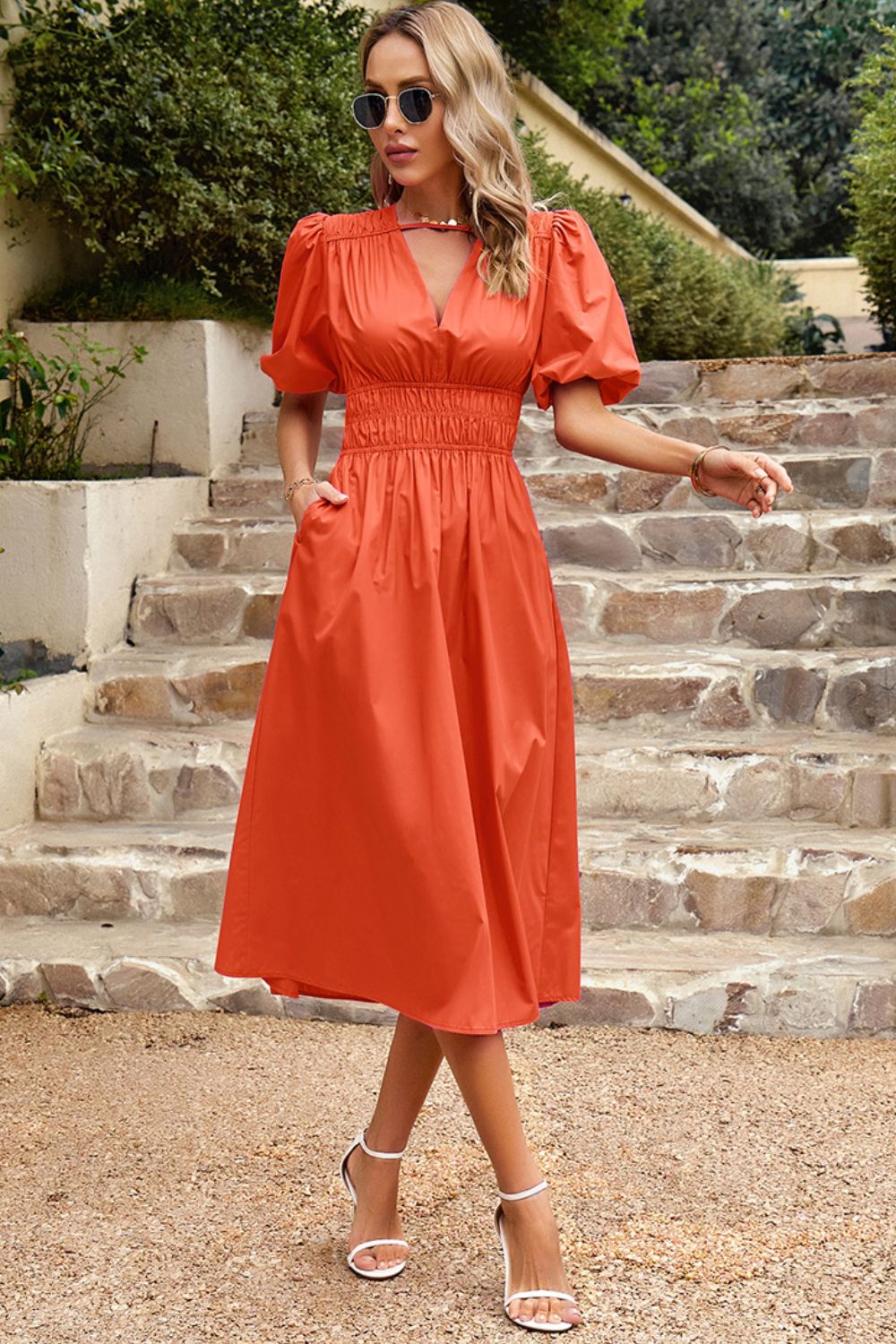 Puff Sleeve Smocked Waist Midi Dress