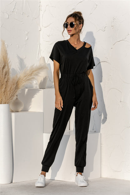 Cut Out V-neck Drawstring Jumpsuit