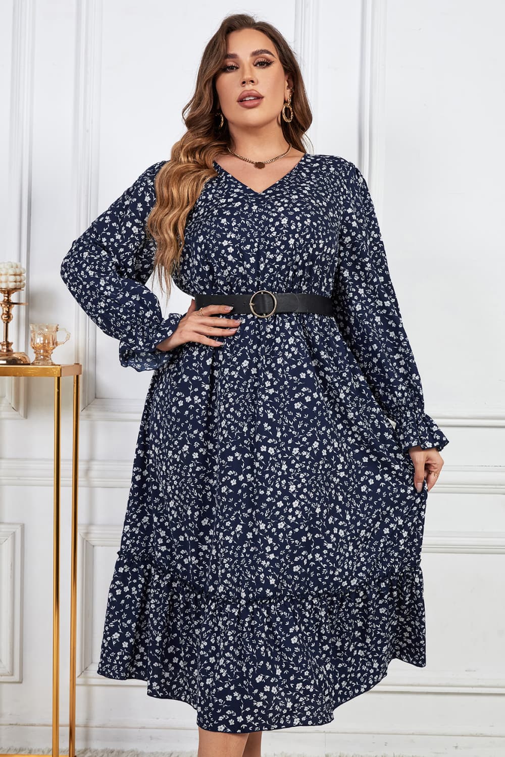 Plus Size Floral Print V-Neck Flounce Sleeve Midi Dress