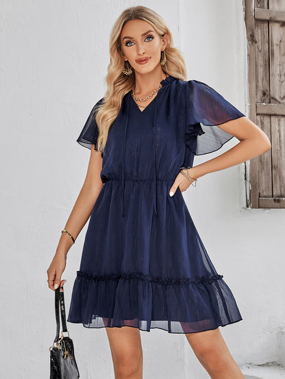 Frill Trim Tie Neck Flutter Sleeve Dress