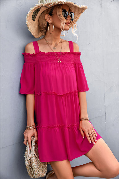 Cold-Shoulder Frill Trim Tiered Dress