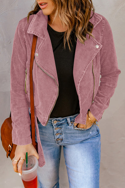 Belted Zip-Up Corduroy Jacket