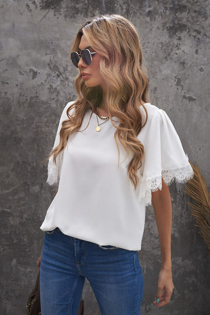 Satin Lace Flutter Sleeve Top