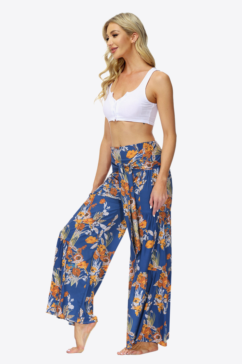 Floral Tie-Waist Tiered Culottes