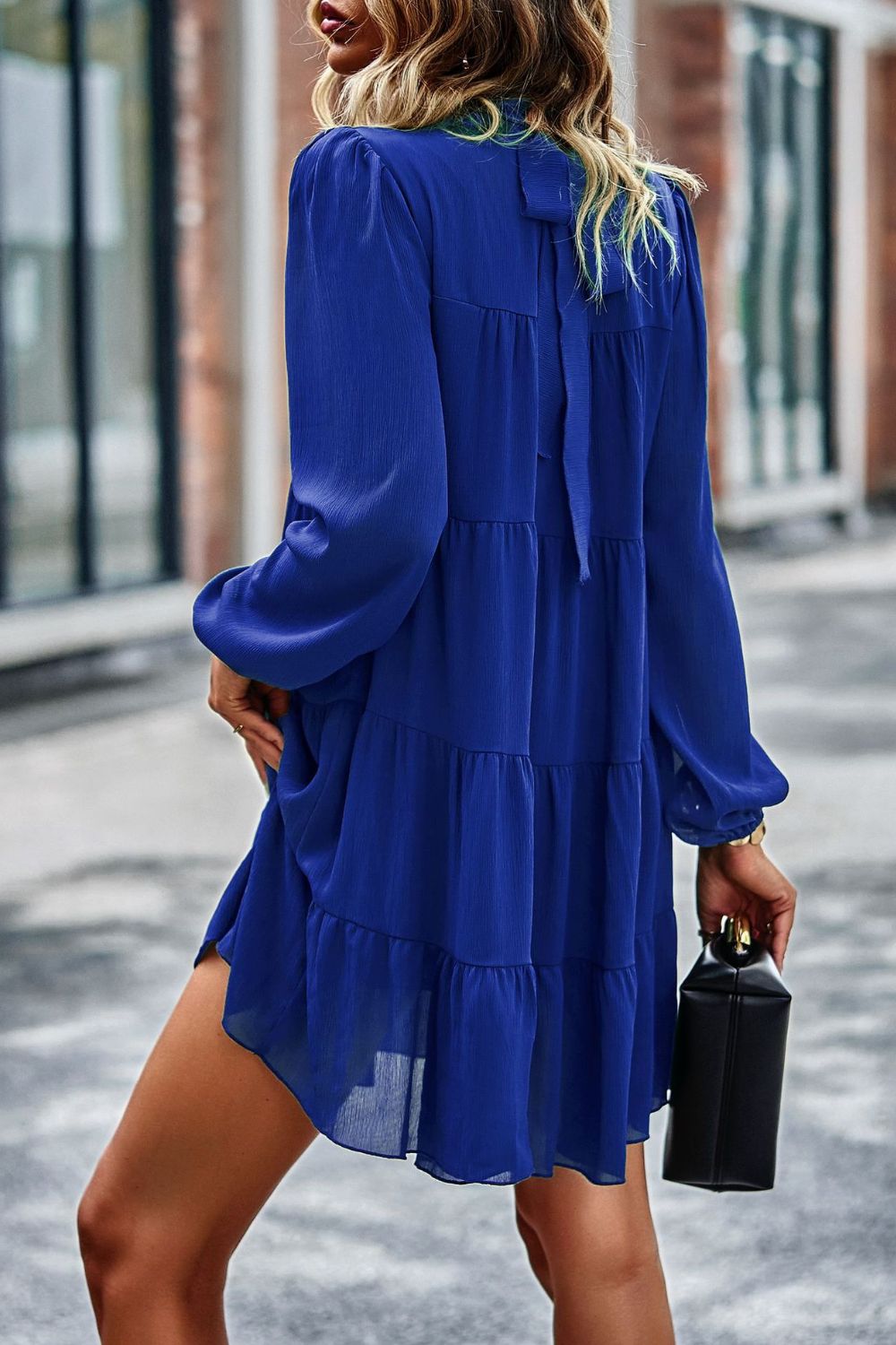 Tied Ruffle Collar Puff Sleeve Mini Dress