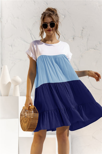 Color Block Round Neck Ruffle Hem Dress