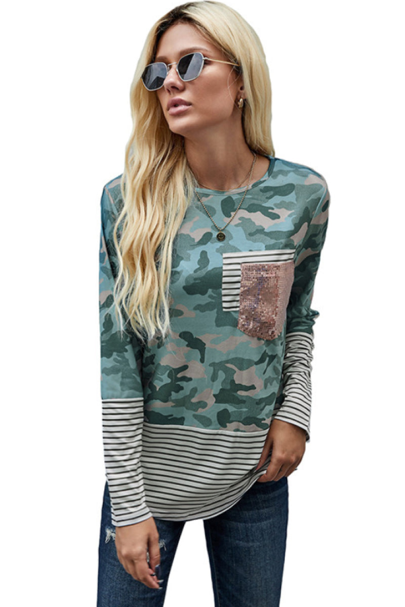 Colorblock Sequin Pocket Striped Tee