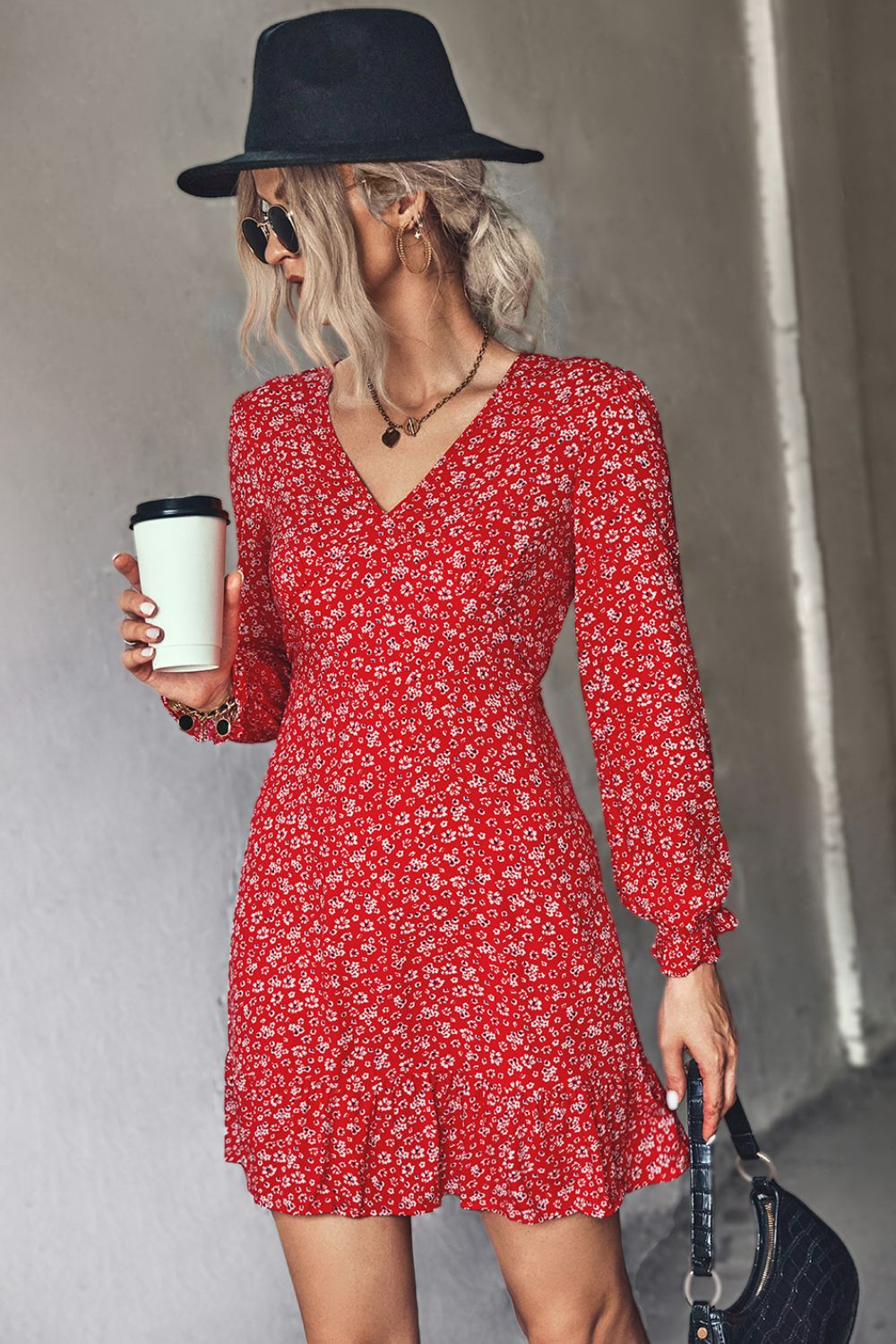 Ditsy Floral V-Neck Flounce Sleeve Dress