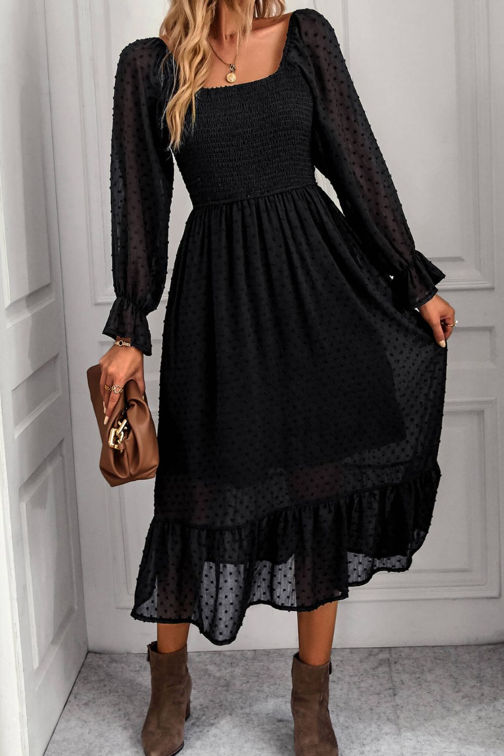 Swiss Dot Smocked Ruffle Hem Flounce Sleeve Dress