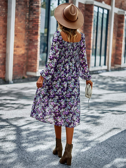 Floral Square Neck Smocked Balloon Sleeve Dress