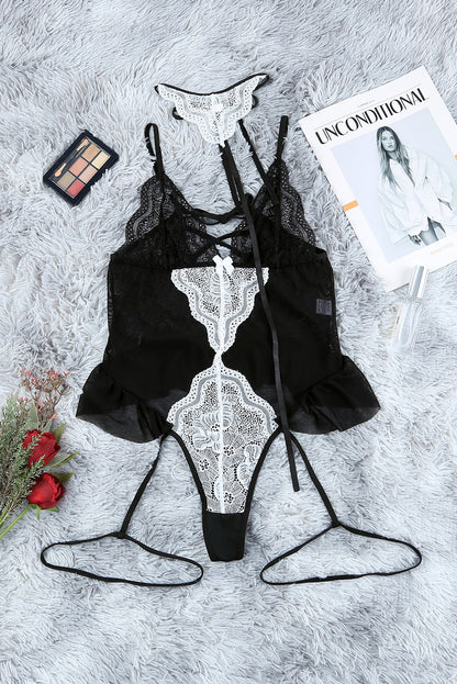 Lace Contrast Ruffled Teddy Lingerie