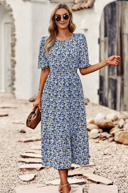 Floral Cutout Puff Sleeve Midi Dress