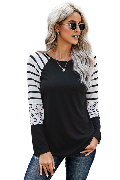 Leopard Panel Striped Raglan Sleeve Top